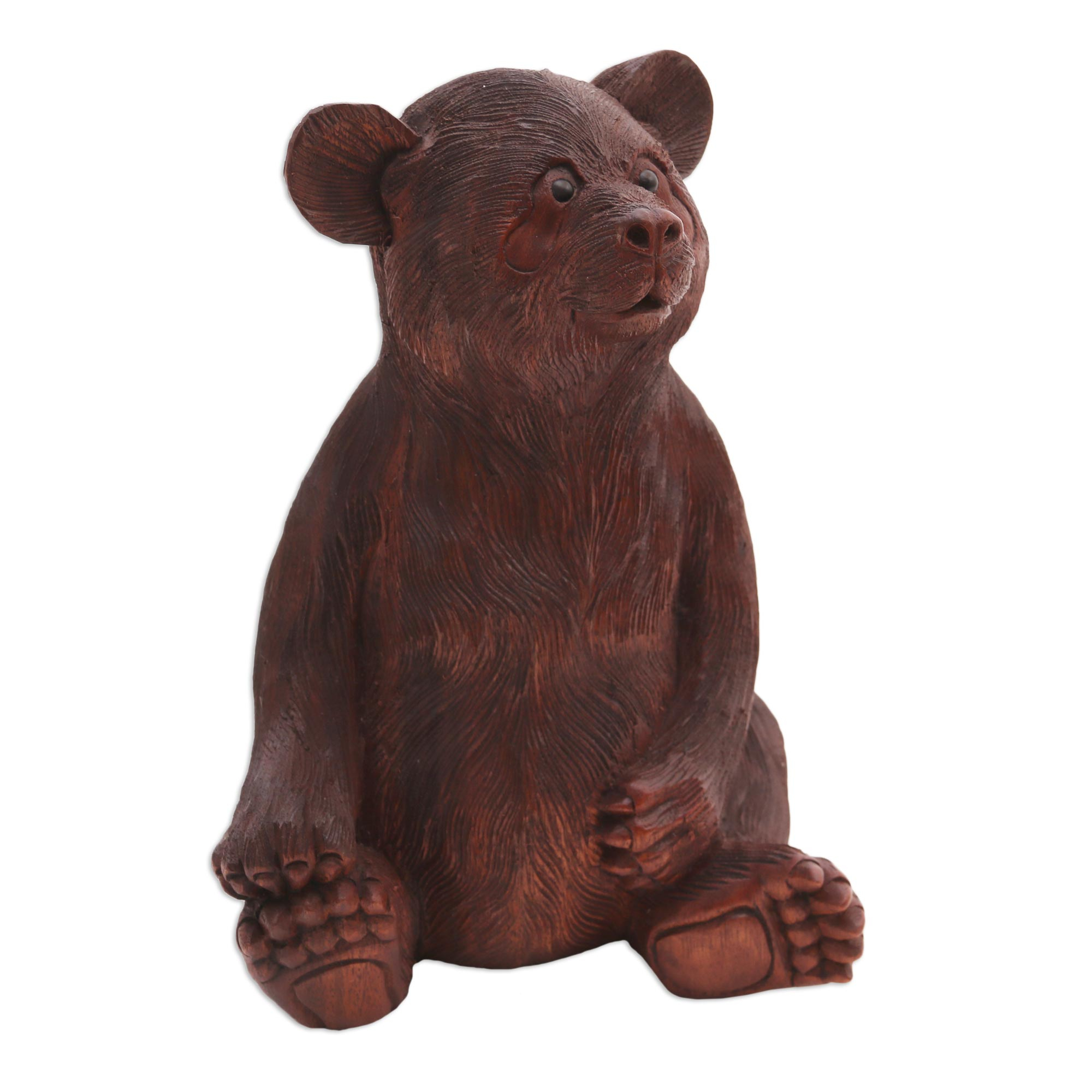 Hand-Carved Suar Wood Bear Sculpture from Bali - Fuzzy Bear | NOVICA