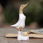Wood and bamboo root sculpture, 'Rain Boot Duck in White' - Acacia Wood and Bamboo Root Duck Sculpture in White