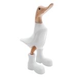 Wood and bamboo root sculpture, 'Rain Boot Duck in White' - Acacia Wood and Bamboo Root Duck Sculpture in White