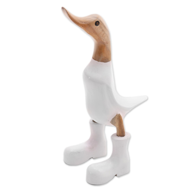 Wood and bamboo root sculpture, 'Rain Boot Duck in White' - Acacia Wood and Bamboo Root Duck Sculpture in White