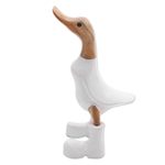 Wood and bamboo root sculpture, 'Rain Boot Duck in White' - Acacia Wood and Bamboo Root Duck Sculpture in White
