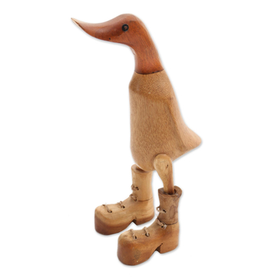 Wood and bamboo root sculpture, 'Rain Boot Duck' - Acacia Wood and Bamboo Root Duck Sculpture from Bali