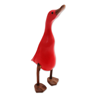 Wood and bamboo root sculpture, 'Barefoot Duck' - Acacia Wood and Bamboo Root Duck Sculpture in Red from Bali