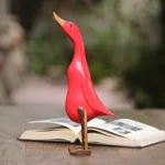 Wood and bamboo root sculpture, 'Barefoot Duck' - Acacia Wood and Bamboo Root Duck Sculpture in Red from Bali