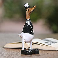 Wood and bamboo root sculpture, 'Captain Duck in Black'