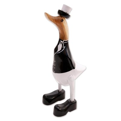Wood and bamboo root sculpture, 'Captain Duck in Black' - Acacia Wood and Bamboo Root Duck Captain Sculpture from Bali