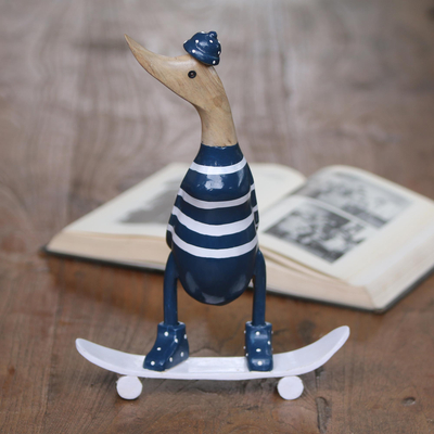 Wood and bamboo root sculpture, 'Skateboard Duck' - Acacia Wood and Bamboo Root Skateboarder Duck Sculpture