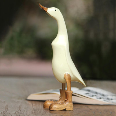 Wood and bamboo root sculpture, 'Vanilla Duck' - Acacia Wood and Bamboo Root Duck Sculpture in Vanilla
