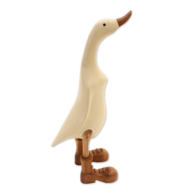 Wood and bamboo root sculpture, 'Vanilla Duck' - Acacia Wood and Bamboo Root Duck Sculpture in Vanilla