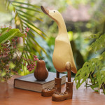 Wood and bamboo root sculpture, 'Vanilla Duck' - Acacia Wood and Bamboo Root Duck Sculpture in Vanilla