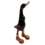 Wood and bamboo root sculpture, 'Stomping Duck in Black' - Black Acacia Wood and Bamboo Root Duck Sculpture from Bali