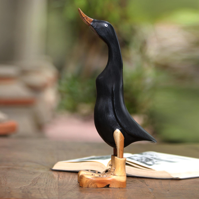 Wood and bamboo root sculpture, 'Stomping Duck in Black' - Black Acacia Wood and Bamboo Root Duck Sculpture from Bali