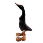 Wood and bamboo root sculpture, 'Stomping Duck in Black' - Black Acacia Wood and Bamboo Root Duck Sculpture from Bali