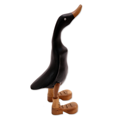 Wood and bamboo root sculpture, 'Stomping Duck in Black' - Black Acacia Wood and Bamboo Root Duck Sculpture from Bali