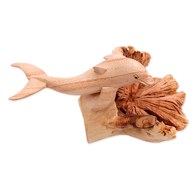 Figura de madera, 'Happy Dolphin' - Figura de delfín de madera Jempinis y Benalu de Bali