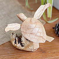 Wood figurine, 'Swimming Turtle' - Jempinis and Benalu Wood Sea Turtle Figurine from Bali