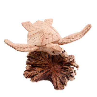 Wood figurine, 'Swimming Turtle' - Jempinis and Benalu Wood Sea Turtle Figurine from Bali