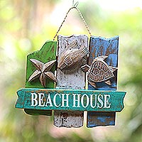 Wood wall sign, 'Oceanic Home' - Beach Cottage Distressed Wood Wall Sign Crafted in Bali