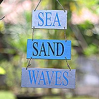 Wood wall sign, 'Sea Sand Waves' - Distressed Beach Wall Sign Crafted in Bali