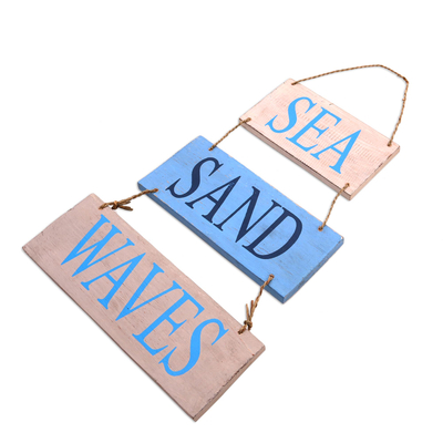 Wood wall sign, 'Sea Sand Waves' - Distressed Beach Wall Sign Crafted in Bali