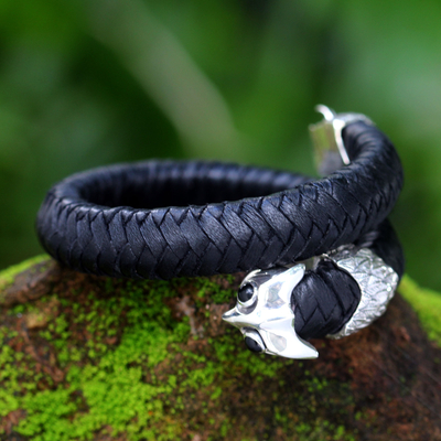 Men's obsidian and leather braided wrap bracelet, 'Unblinking Owl' - Men's Owl Obsidian and Leather Braided Wrap Bracelet