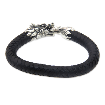 Men's leather braided wristband bracelet, 'Dragon King' - Men's Dragon-Themed Leather Braided Wristband Bracelet