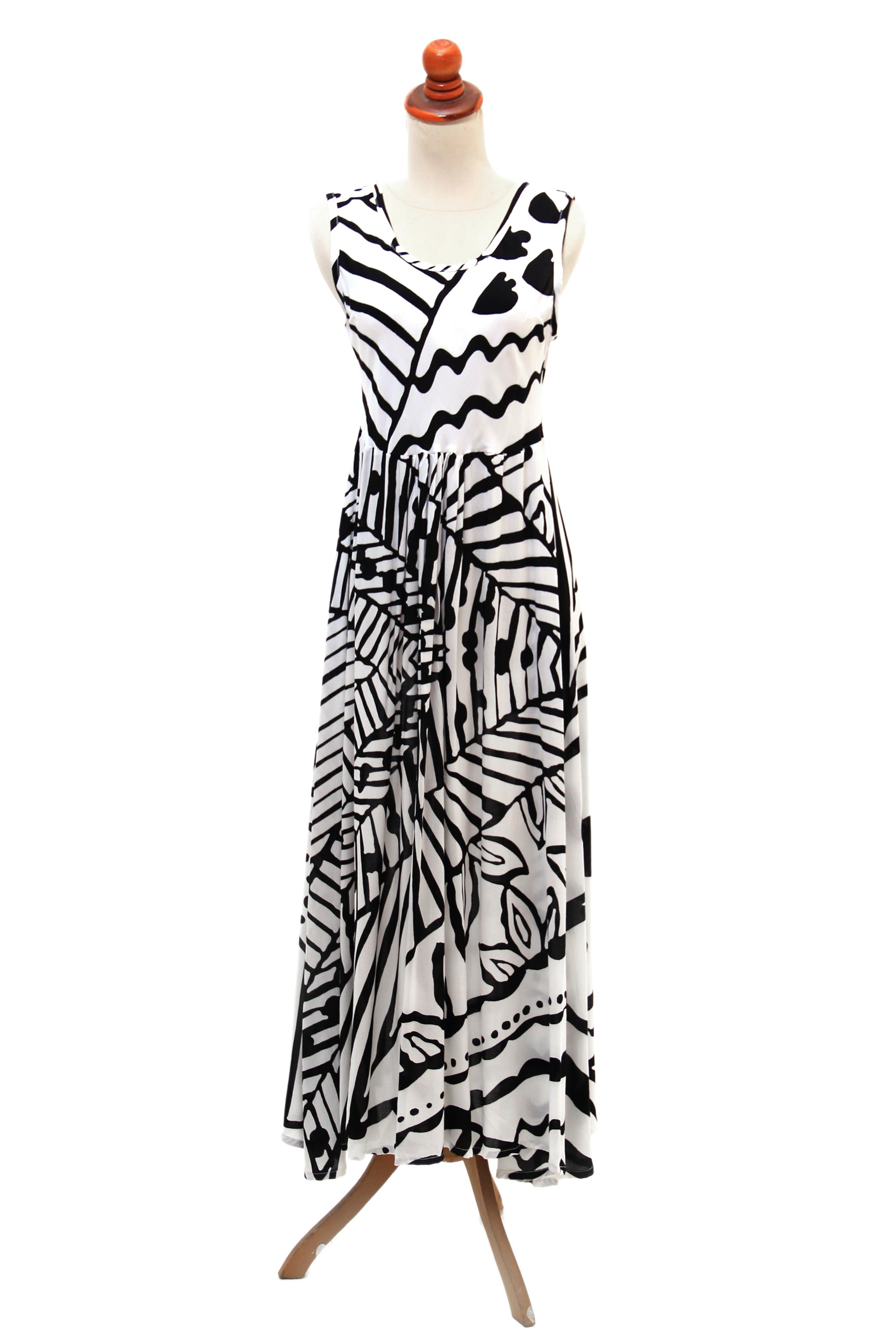 Onyx and Eggshell Rayon A-Line Dress from Bali - Black and White Jungle ...