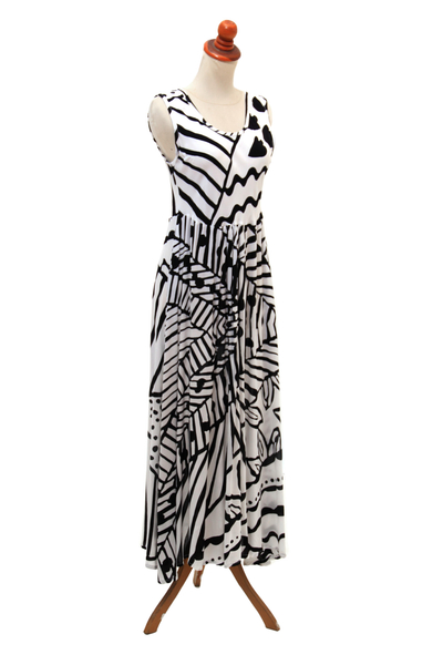 Rayon A-line dress, 'Black and White Jungle' - Onyx and Eggshell Rayon A-Line Dress from Bali