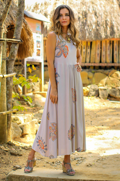 Printed Rayon A-Line Dress in Buff from Bali - Buff Designs | NOVICA
