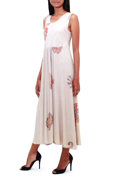 Cotton A-line dress, 'Buff Designs' - Printed Rayon A-Line Dress in Buff from Bali