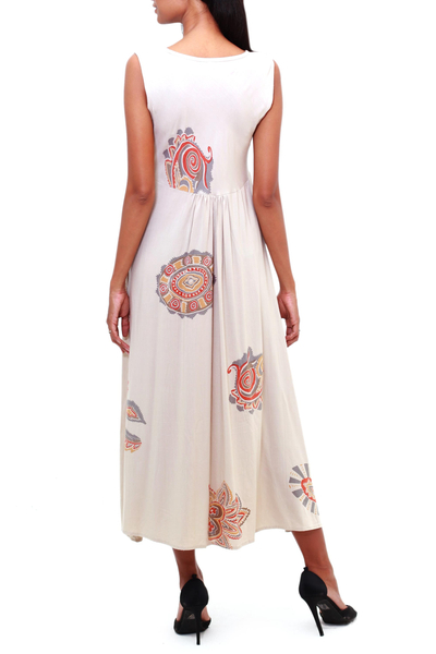 Cotton A-line dress, 'Buff Designs' - Printed Rayon A-Line Dress in Buff from Bali