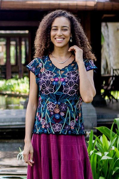 Rayon blouse, 'Midnight Mallow' - Floral Embroidered Rayon Blouse from Bali