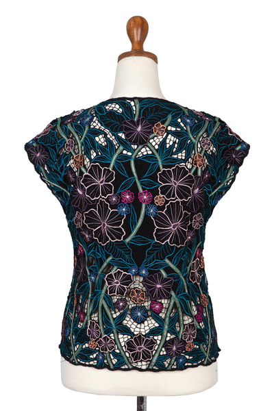 Rayon blouse, 'Midnight Mallow' - Floral Embroidered Rayon Blouse from Bali