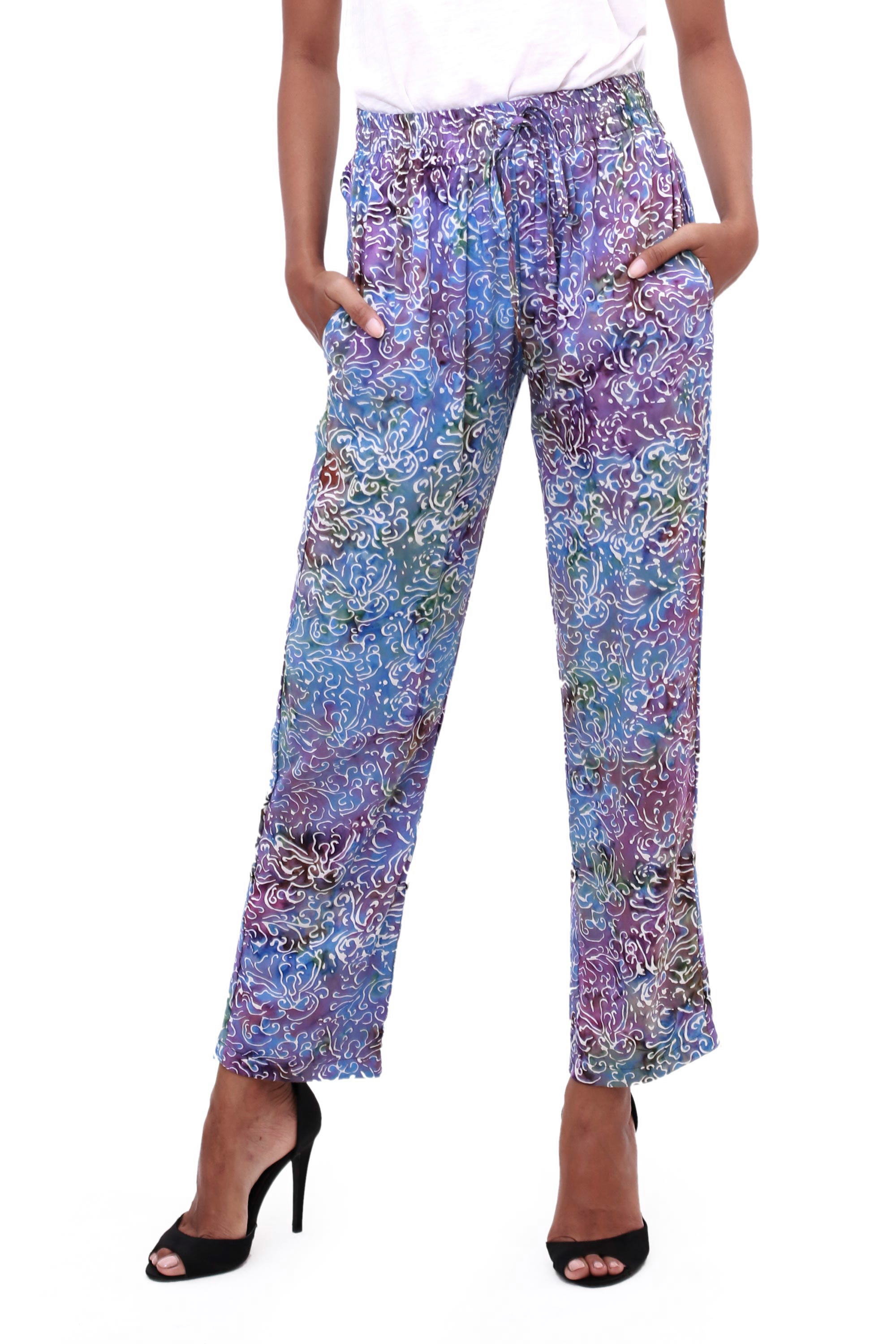 UNICEF Market | Hand-Stamped Batik Rayon Pants from Bali - Rainbow Clouds