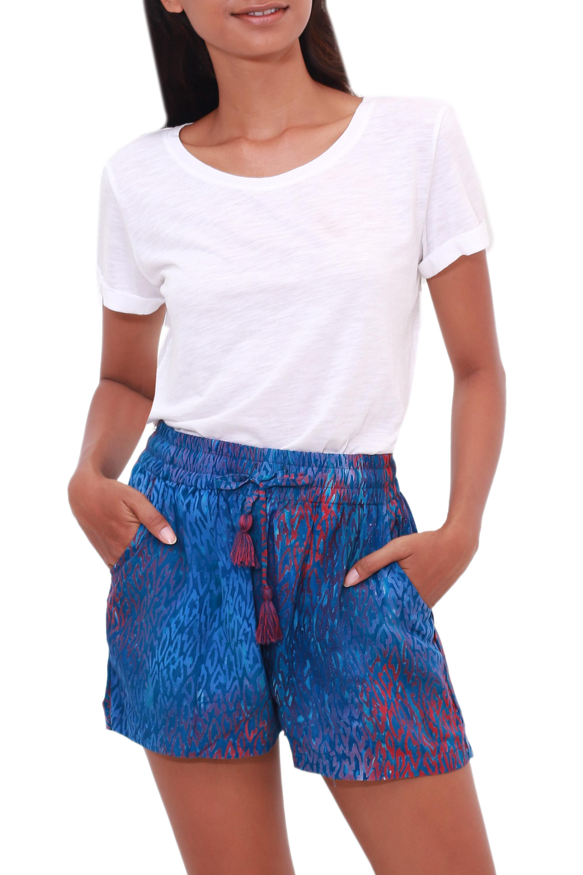 Blue and Red Batik Rayon Shorts from Bali - Rainy at Dawn | NOVICA