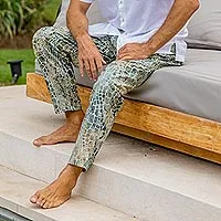 Men's cotton lounge pants, 'Forest Pebbles' - Verdant Hand-Printed Cotton Pants from Bali