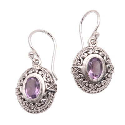 Amethyst dangle earrings, 'Central Glitter' - 2.5-Carat Oval Amethyst Dangle Earrings from Bali
