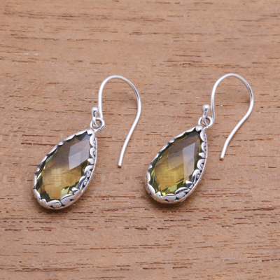 Quartz dangle earrings, 'Lemon Dew' - 6-Carat Yellow Quartz Dangle Earrings from Bali