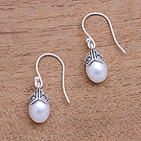 Cultured Pearl Dangle Earrings in White from Bali,'Mermaid Teardrops in White'