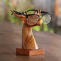 Wood eyeglasses holder, 'Studious Deer in Natural' - Deer-Shaped wood Eyeglasses Stand with a Natural Finish