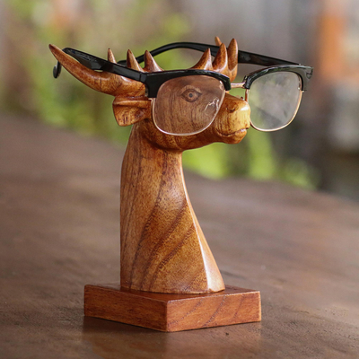 Wood eyeglasses holder, Studious Deer in Natural