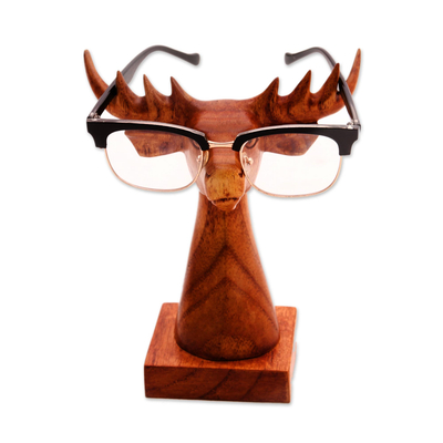 Wood eyeglasses holder, 'Studious Deer in Natural' - Deer-Shaped wood Eyeglasses Stand with a Natural Finish