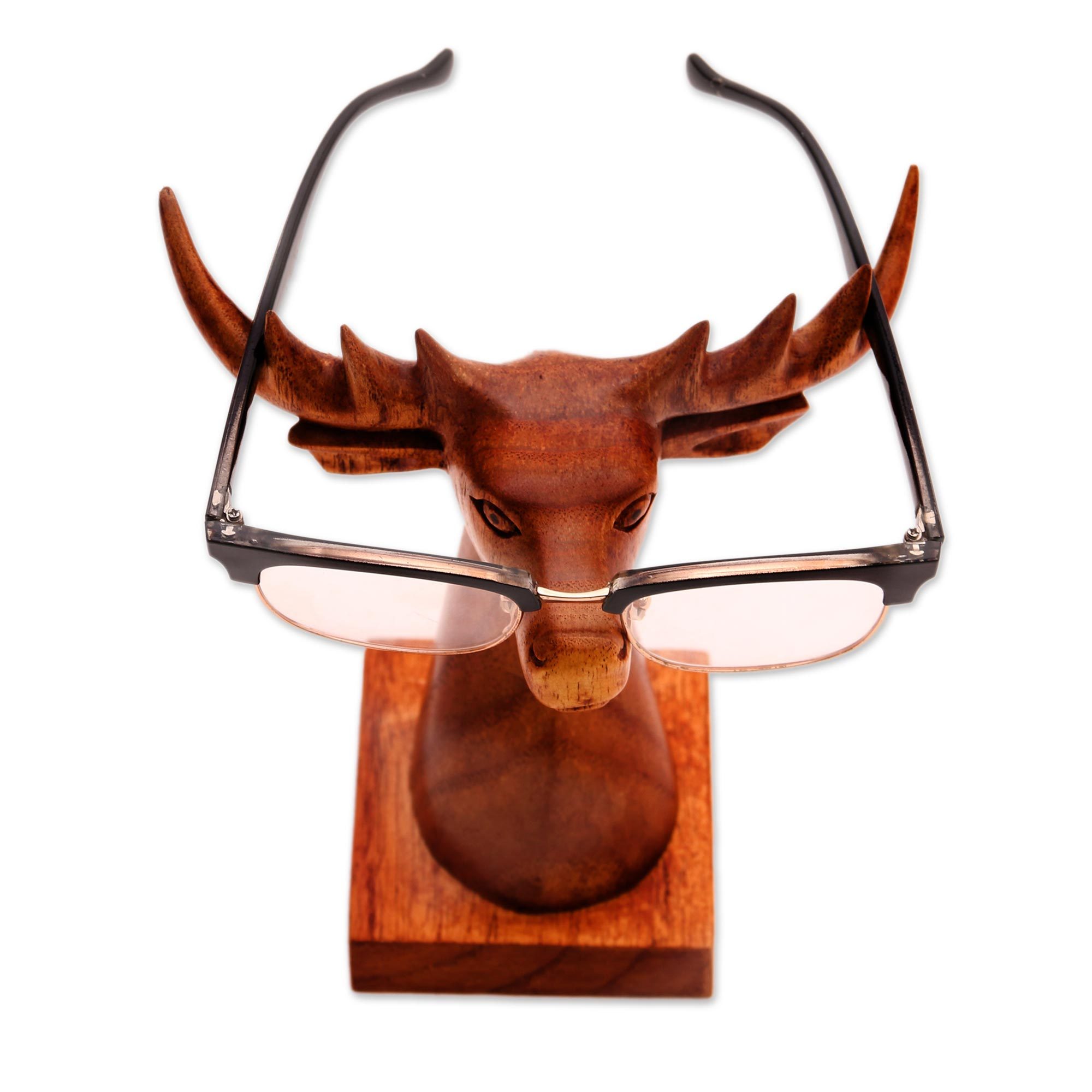 DeerShaped wood Eyeglasses Stand with a Natural Finish Studious Deer