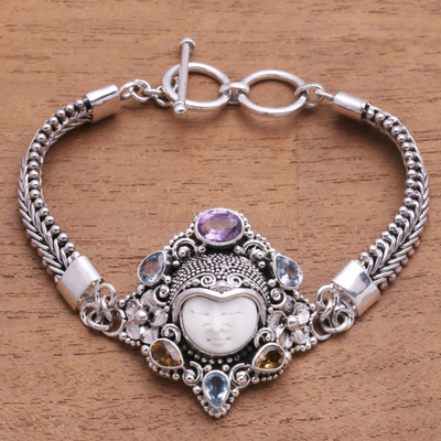 Multi-gemstone pendant bracelet, 'Guardian of the Rainbow' - Multi-Gemstone and Bone Pendant Bracelet from Bali