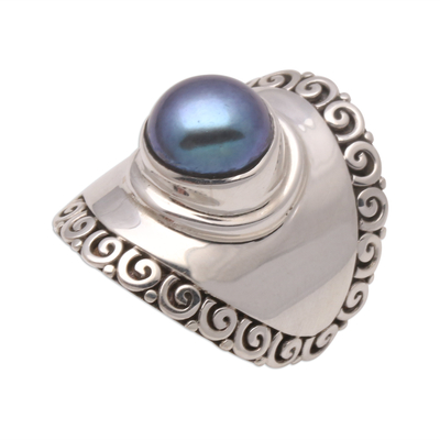 Cultured pearl cocktail ring, 'Mountaintop in Peacock' - Peacock Cultured Pearl Cocktail Ring Crafted in Bali