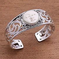 Manschettenarmband aus Sterlingsilber und Knochen, „Ocean Soul“ – Manschettenarmband aus Sterlingsilber und Knochen aus Bali