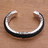 Leather and rainbow moonstone cuff bracelet, 'Beautiful Goodness'