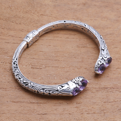 Amethyst cuff bracelet, 'Elephant's Treasure' - 4-Carat Elephant-Themed Amethyst Cuff Bracelet from Bali