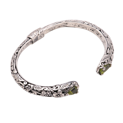 Peridot cuff bracelet, 'Hint of Twilight' - Peridot and Sterling Silver Floral Motif Cuff Bracelet