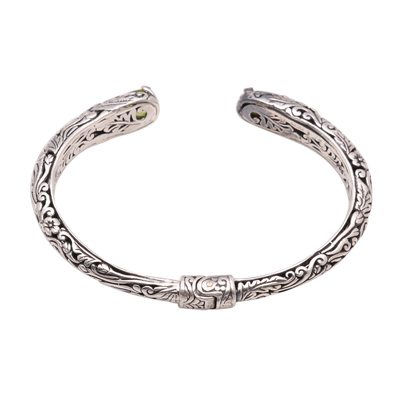 Peridot cuff bracelet, 'Hint of Twilight' - Peridot and Sterling Silver Floral Motif Cuff Bracelet